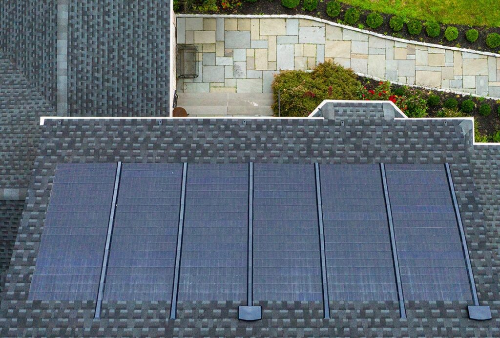 Drone photo of timberline solar shingles on roof